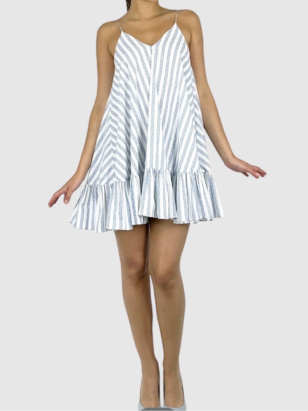 Caroline Constas Blue & White Striped Floral-Trim dress size S